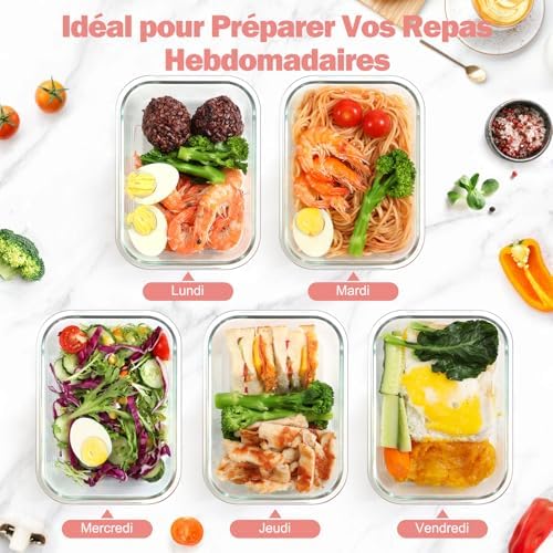 Boite Alimentaire Verre avec Couvercle Hermétique - Lot de 10 Lunch Box Verre Réutilisables, Sans BPA, Compatibles Micro-ondes, Four, Lave-vaisselle, Congélateur, Rose
