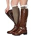 WonderFit Women Knee High Boot Socks with White Button Hollow Lace Trim 2 pairs black and Ivory