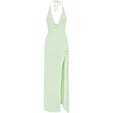 GORGLITTER Women's Flower Bow Halter Bodycon Maxi Dress Backless V Neck Sleeveless Summer Beach Vacation Sundresses