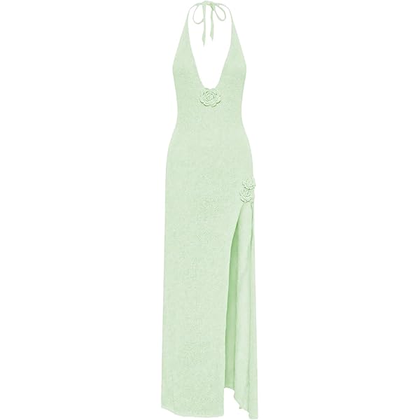 SOLY HUX Women's 3D Floral Backless Halter Dress Elegant High Split Sleeveless Maxi Dresses Solid Mint Green Large at Amazon Women's Clothing store SOLY HUX Women's 3D Floral Backless Halter Dress Elegant High Split Sleeveless Maxi Dresses Solid Mint Green Large at Amazon Women's Clothing store
