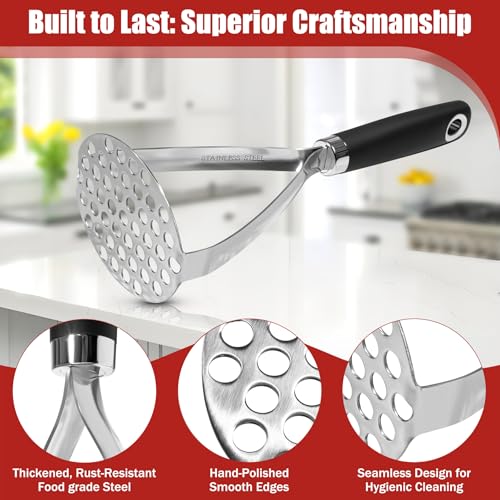 Potato Mashers, Potato Masher Food Grade Stainless Steel, Heavy Duty Potato Ricer Masher with Soft Grip Handle, Kitchen Food Masher for Mashed Potato, Tomato Puree, Jam, Vegetable & Fruits