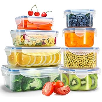 Veken Food Storage Containers with Airtight Lids, 8 Pack Plastic Reusable, Stackable Meal Prep Containers and Bento Lunch Boxes, Microwave, Freezer, Dishwasher Safe