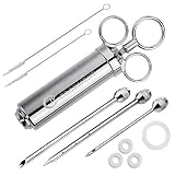 JY COOKMENT Meat Injector Syringe 2-oz Marinade Flavor Barrel 304 Stainless Steel with 3 Professional Needles 2 Cleaning Brushes and 4 Silicone O-Rings