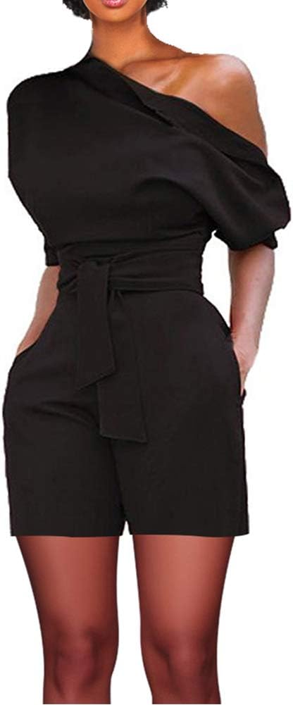 Vilover Women's Sexy One Shoulder Rompers Solid Jumpsuits Short Pants Playsuits