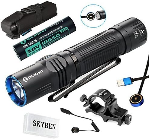 SKYBEN Olight M2R 1500 Lumen Cree XHP35 HD LED Magnetic Rechargeable Dual Switches Tactical Flashlight,with 18650 Battery,Remote Switch,Weapon Mount Accessory(Cool White)(Hunting Bundle)