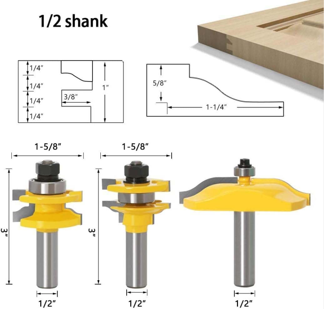 APLUS 3Pcs Tongue Groove Router Bits Set, 1/2" Shank Ogee Rail & Ogee Raised Panel Router Bit Set, Wood Milling Cutter Woodworking Tool - Image 3