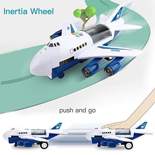 Car Toys Set with Transport Cargo Airplane and Large Play Mat, Mini Educational Vehicle Police Car Set for Kids Toddlers Boys Child Gift for 3 4 5 6 Years Old, 6 Cars, Large Plane, 11 Road Signs