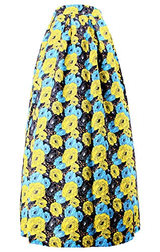 Novia's Choice Women African Floral Print Pleated High Waist Maxi Casual A-Line Skirt(Yellow&Blue Flower XXL) - Thumbnail 2