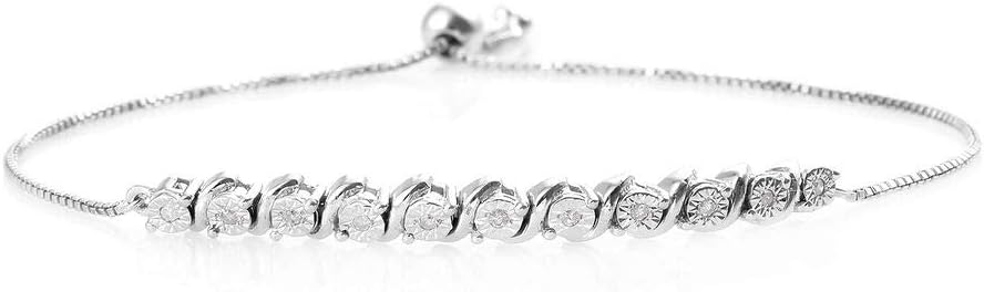 Genuine White Diamond Bolo Bracelet for Women & Girls 925 Sterling Silver Platinum Plated Adjustable Size 9.5", Valentines Day Gift for Wife, Fiancee Girlfriend