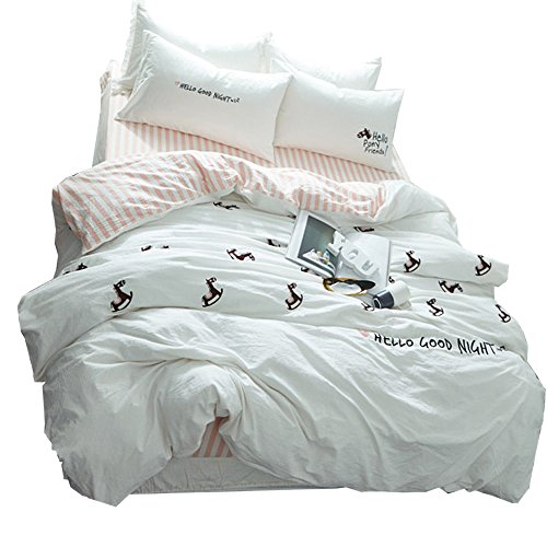 HIGHBUY Soft Cotton Embroidery Horse Kids Full Duvet Cover Set White Reversible with Zipper Closure Pink Stripe Print Boys Girls Bedding Set Queen 3 Piece Breathable Wrinkle Fade Resistant
