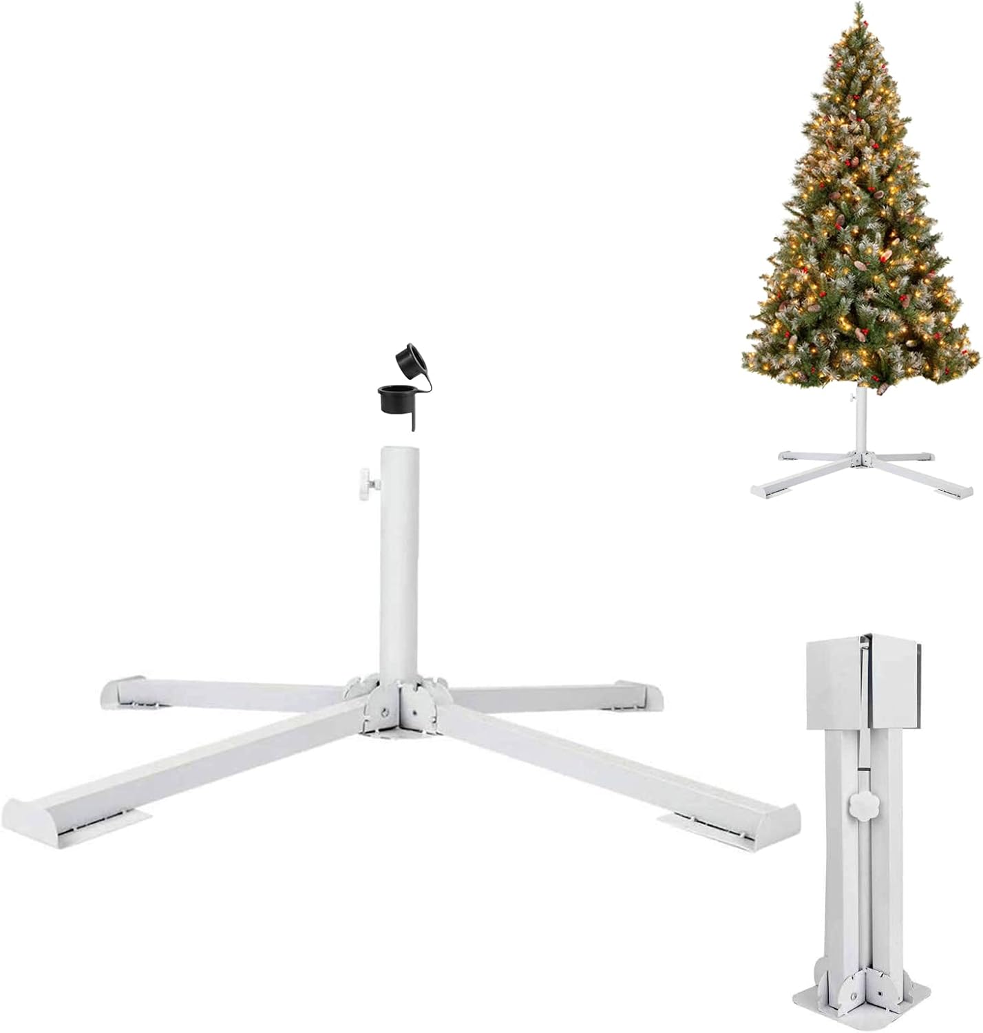 Tree Stands - YUZUHOME Christmas Tree Stand for Live Tree, Folding Artificial Christmas Tree Base Holder Fits for 5Ft to 7.5Ft Christmas Tree, Fits 1-1.4Inch Tree Pole, White