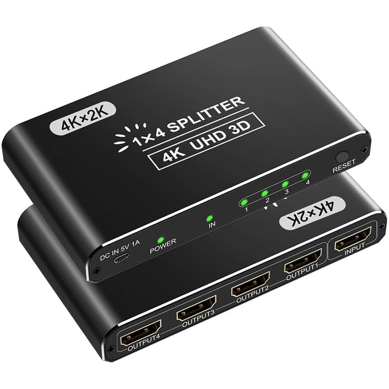IVIVTOR HDMI Splitter 1 in 4 out - 4K Aluminium hdmi-splitter 4 port supports HDCP1.4 3D UHD 1080P for HDTV Laptop PC - Mirror Mode Only, No Extended Display