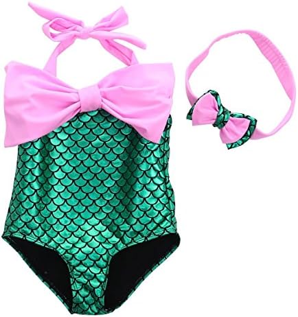 Kprdeo Kids Baby Girls Princess Mermaid Costume Bowknot Swimwear with Headband (2T, Pink)