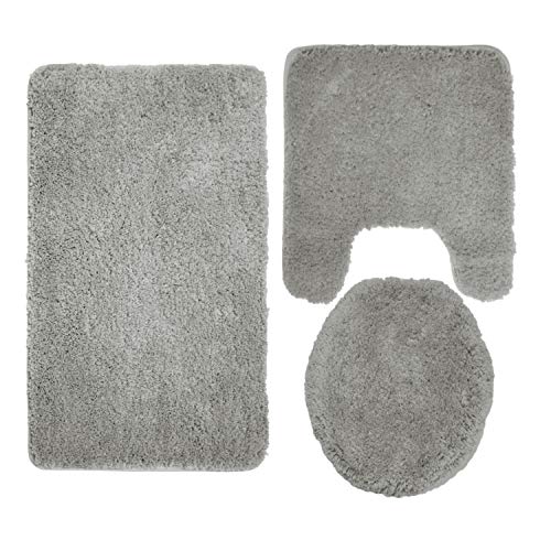 Mary 3 Piece Bathroom Rug Set, Luxury Soft Plush Shaggy Thick Fluffy Microfiber Bath Mat, Countour Rug, Toilet Seat Lid Cover, Non-Slip Rubber Back, Floor Mats Water Absorbent (Grey) - Thumbnail 2