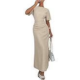 OYOANGLE Women's Textured Short Sleeve Cinched Waist Slit Hem Long Dress Elegant Office Formal Dresses