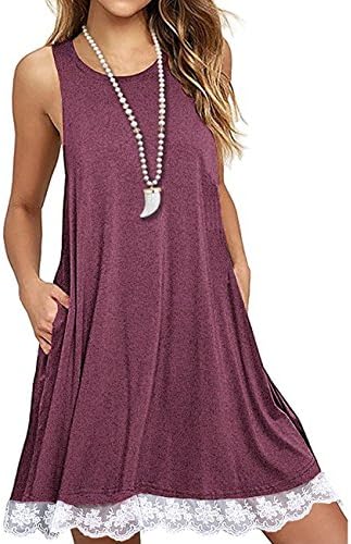 Kool Classic Women O Neck Casual Lace Tank Tops Sleeveless Above Knee Shirt Dress Loose Party Dress Red Large