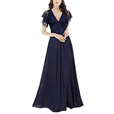 Beikoard Damen Kleider V-Ausschnitt Ärmellos Spitze Chiffon Kleider Bogen langes Maxikleid