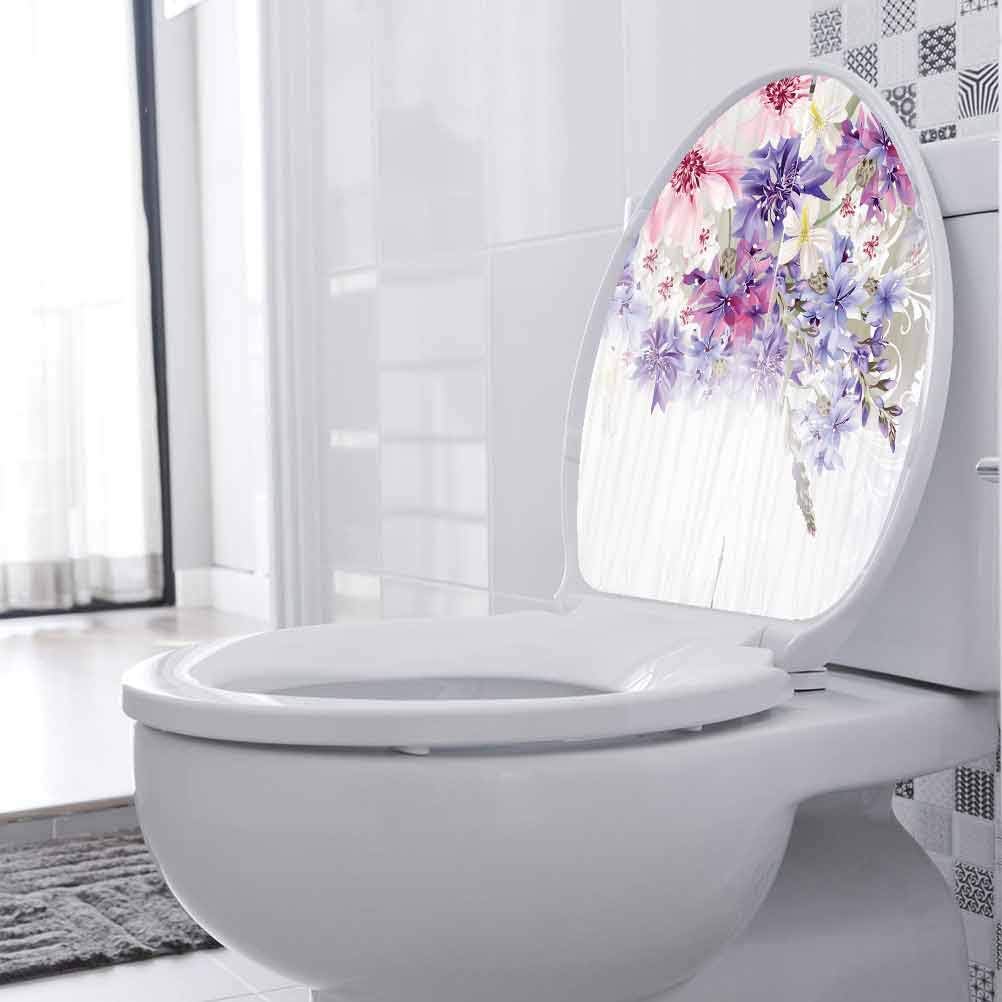 Vinyl Wall Sticker Decoration Pink Purple Flowers Removable Waterproof Toilet Seat Wall Stickers for Home Office Living Room Wall Bathroom Toilet, W8xH11 INCH