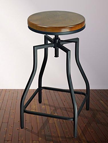 eHemco Adjustable Swivel Metal Kitchen Counter Height Backless Barstool with Wood Veneer Seat, Black
