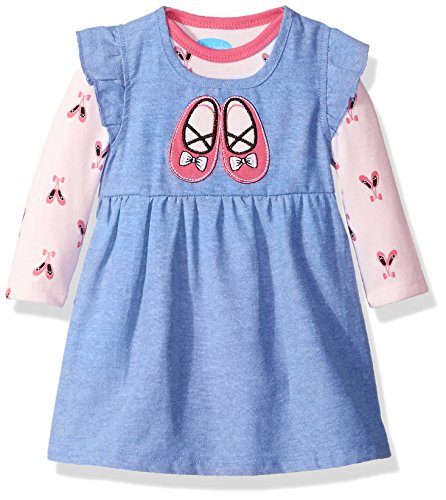 BON BEBE Girls' 2 Piece Dress Set with Longsleeve Bodysuit, Ballet Chambray, 24 Months