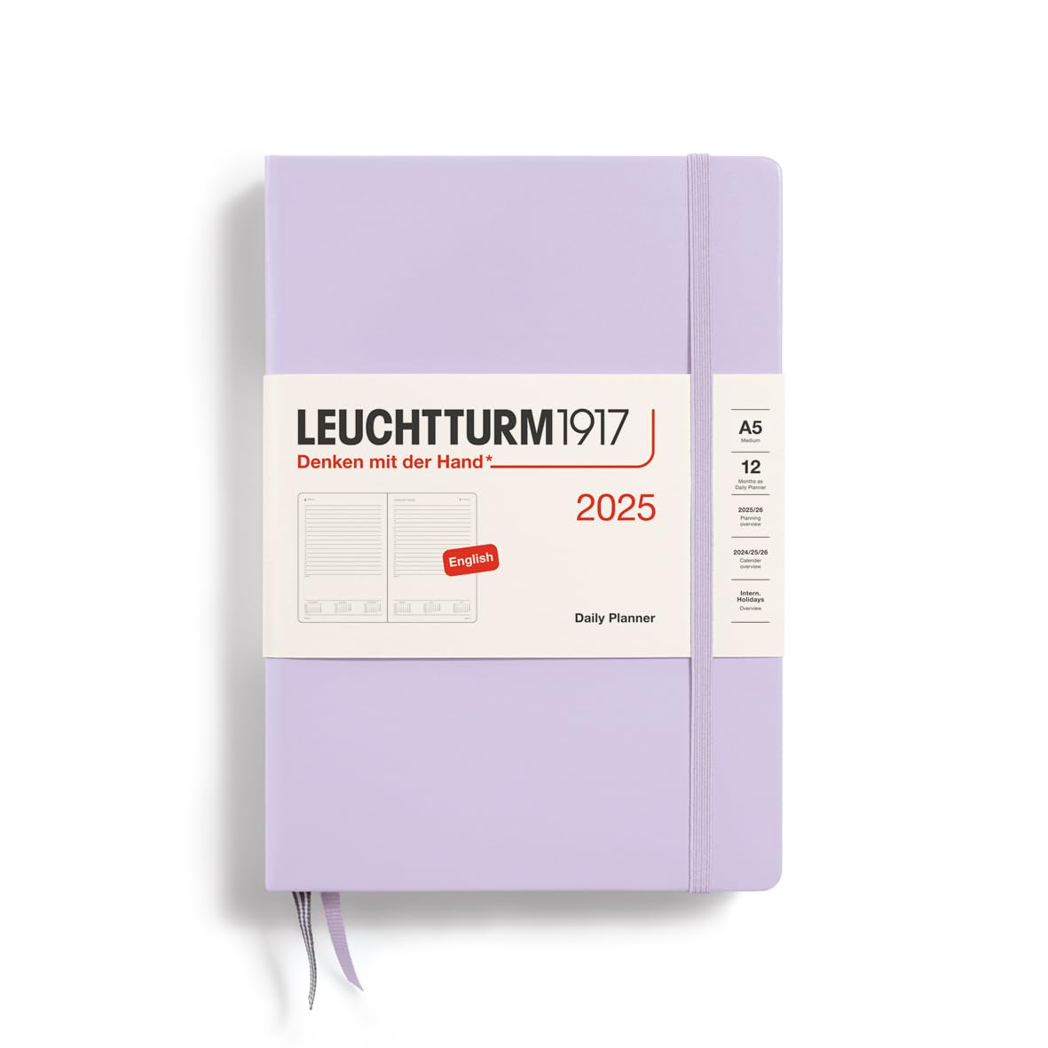 LEUCHTTURM1917 370701 Daily Calendar 2025, Medium A5 Hardcover - 12 Month Planner and Notebook Lined - Lilac, English
