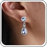 Yheakne Vintage Teardrop Sapphire Earrings Blue Crystal Drop Earrings Silver Rhinestone Teardrop Earring Oval Cz Sapphire Earring Sparkly Bridal Wedding Statement Jewelry for Women