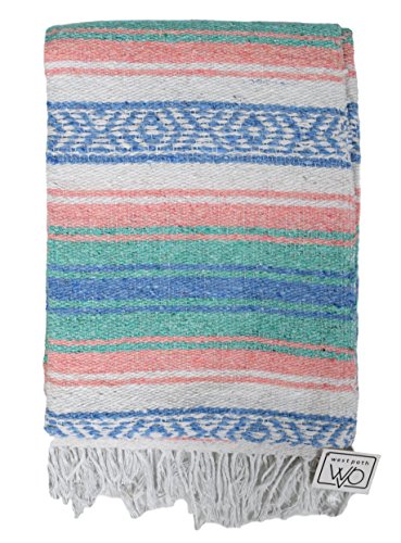 Light Teal and Coral Mexican Blanket - Authentic Mexican Flasa - Great Yoga Blanket, Beach Blanket, Picnic Blanket, or Mexican Throw! Handwoven - Thumbnail 4