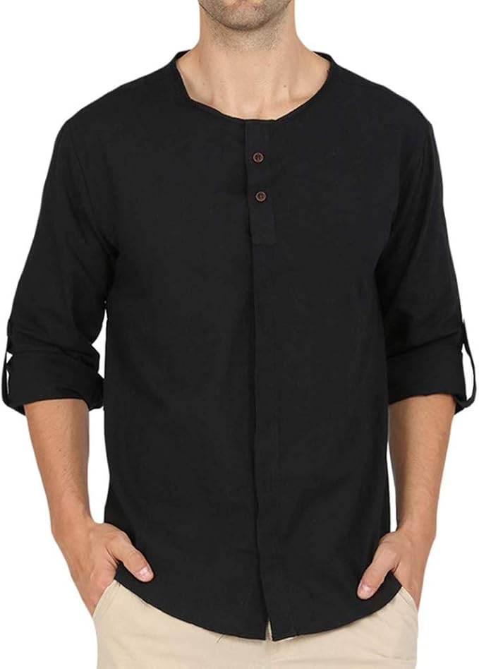 Hhoo Mens Tops Mens Long Sleeve Henley Shirt Cotton Linen Beach Yoga
