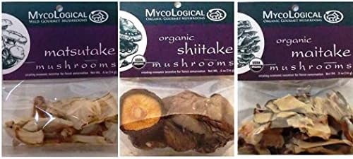 Mycological Organic And Wild Gourmet Dried Mushroom 3 Variety Bundle: (1) Organic Shitake Mushrooms, (1) Wild Gourmet Matsutake Mushrooms, and (1) Organic Maitake Mushrooms, .5 Oz. Ea.