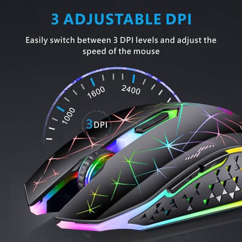 Uiosmuph V7 Wireless Mouse, 2.4G Silent Rechargeable Mouse Portable Mouse Ergonomic 2400DPI Gaming Mouse with Receiver, 6 Buttons for Laptop, PC, Computer, Chromebook, Notebook - Black