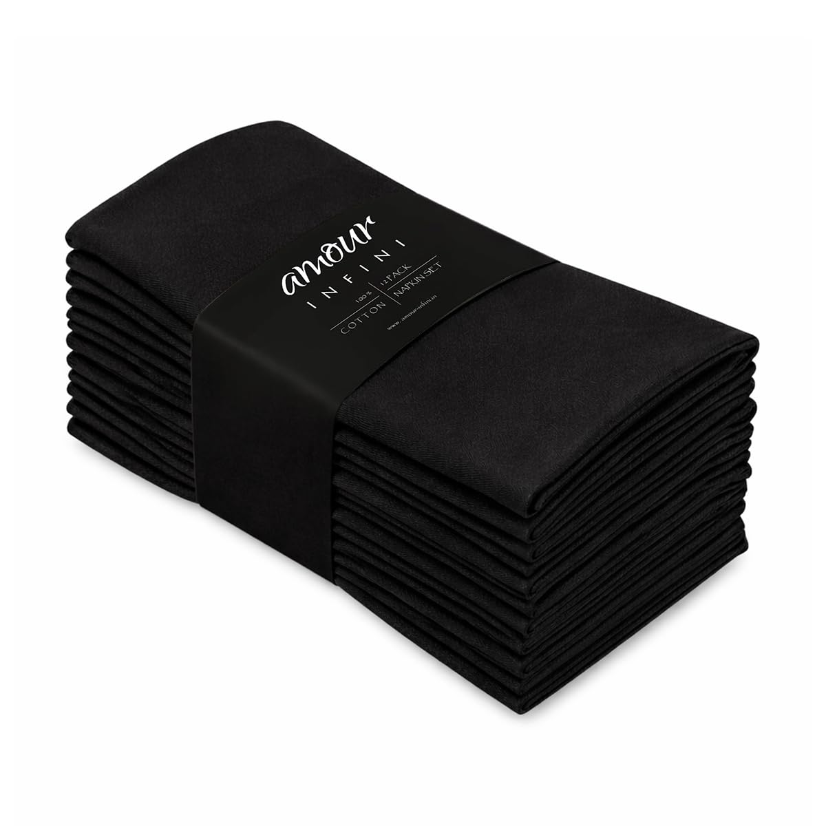 AMOUR INFINI Cotton Napkins | 12 Pack | 45 x 45 cm | 100% Ring Spun Premium Cotton | Dinner Napkins | Highly Absorbent Cloth Napkins | Black