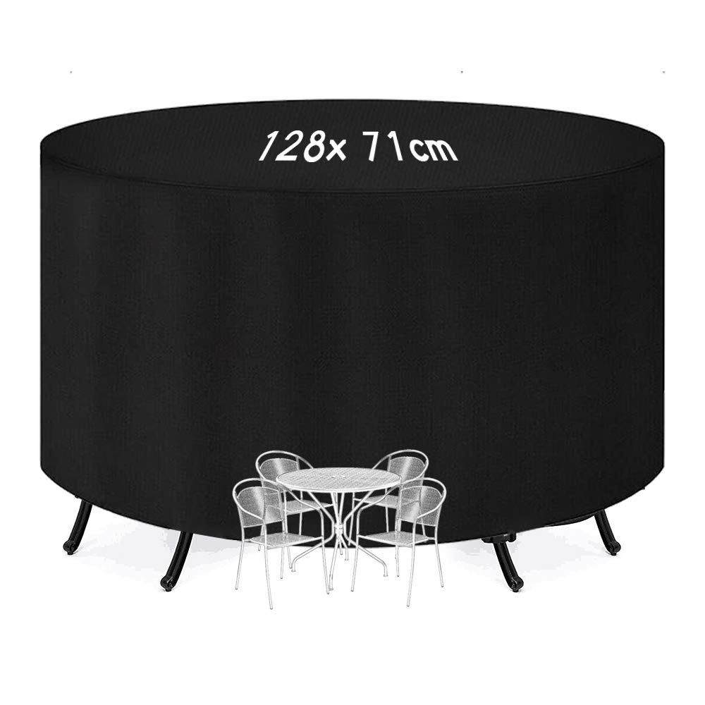 KANOSON Garden Table Cover - Round, Waterproof, Heavy Duty, Windproof Patio Set Cover - Large Rip Proof 210D Oxford Fabric - Ø128 x 71cm