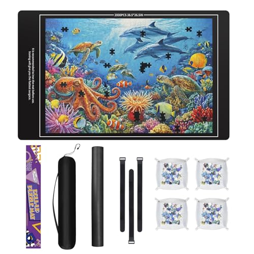 Nattork Jigsaw Puzzle Mat Roll Up，Portable Saver Pad Up to 2000 Pieces，with Non-Slip Rubber Bottom，4 Puzzle Sorting Trays & 1 Storage Bag