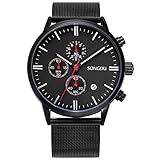 SONGDU Unisex Multifunction Chronograph Watch Full Black Big Face Date Calendar Milanese Mesh Band