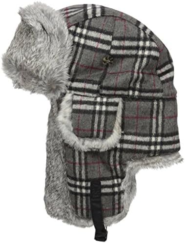 Mad Bomber Original Balaclavas Headwear, Blue Plaid with Grey Rabbit Fur, X-Large