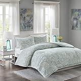 Comfort Spaces – Kashmir Mini Duvet Cover Set - 3 Piece - Paisley Pattern - Blue, Grey, King, Includes 1 Duvet Cover, 2 Standard Shams