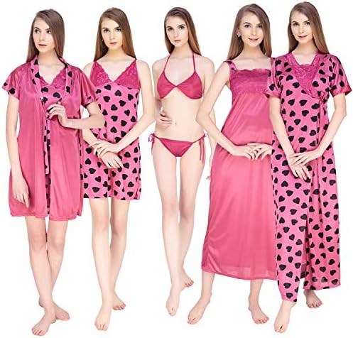 Berry Collection Hot Fancy Collection Women's Honeymoon Satin Nighty Set - Pack of 6 Free Aluminium ATM Cash Credit Card Holder Worth of Rs.399