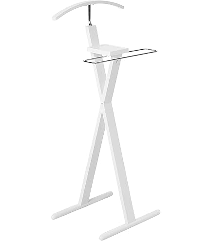 White Wood Valet Stand – Freestanding Suit & Clothes Organizer With Tray, Hanger & Trouser Bar