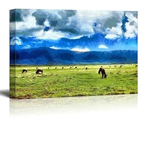 Antelopes GNU Feeding on Meadow Among Mountains in Africa Illustration