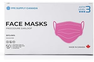 PPE SUPPLY CANADA ASTM Level 3 Face Mask – Proudly Made in Canada, 3-Ply Disposable Medical Mask, BFE ≥98%, 50 Pack - Pink