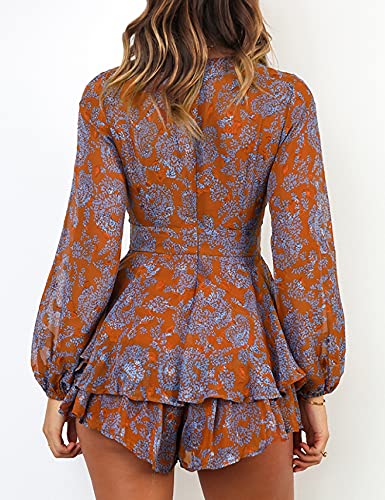 Relipop Women's Jumpsuit Floral Print V Neck Baggy Sleeve Waist Tie Double Layer Ruffle Hem Short Mini Dress Romper - Image 6