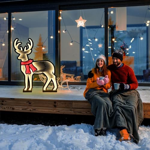 Christmas Decoration Outdoor 3D Christmas Reindeer Lighted Set with Lights Large Reindeer Family with a Standing Base for Yard Patio Lawn Garden Party Decor 42.5 * 7 * 60 cm (Christmas Reindeer)