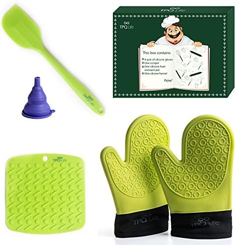 Silicone Oven mitts Pair, Placemat &amp; Spatula Set - 5 Piece Kitchen Ensemble - Top Quality Heat Resistant Non-Slip Oven Mitts, Table/Trivet Mat &amp; Scraper (Green) - BONUS Silicone Funnel by TPQ Life