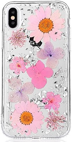 iPhone 10 Bling Silicone Case, iPhone X Rear Flowers Clear Cover, PLECUPE Ultra Thin Glitter Shiny Gold Foil Floral Flexible TPU Rubber Gel Transparent Case Skin for iPhone X, Flower#8