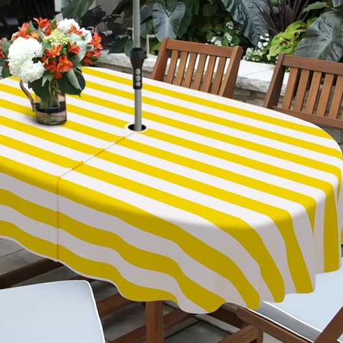 Yellow Strip Outdoor Tablecloth with Umbrella Hole