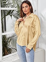 MakeMeChic Women's Satin Silk Long Sleeve Blouse