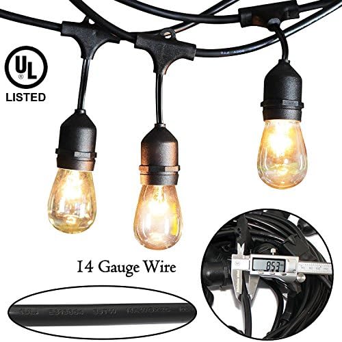 Outdoor String Lights - 48 Feet Long Heavy Duty Hanging Market Patio Cafe Pergola Rope String Backyard Lights Pro Weatherproof Commercial Quality Bistro Umbrella Festoon Garden Lights - UL Listed