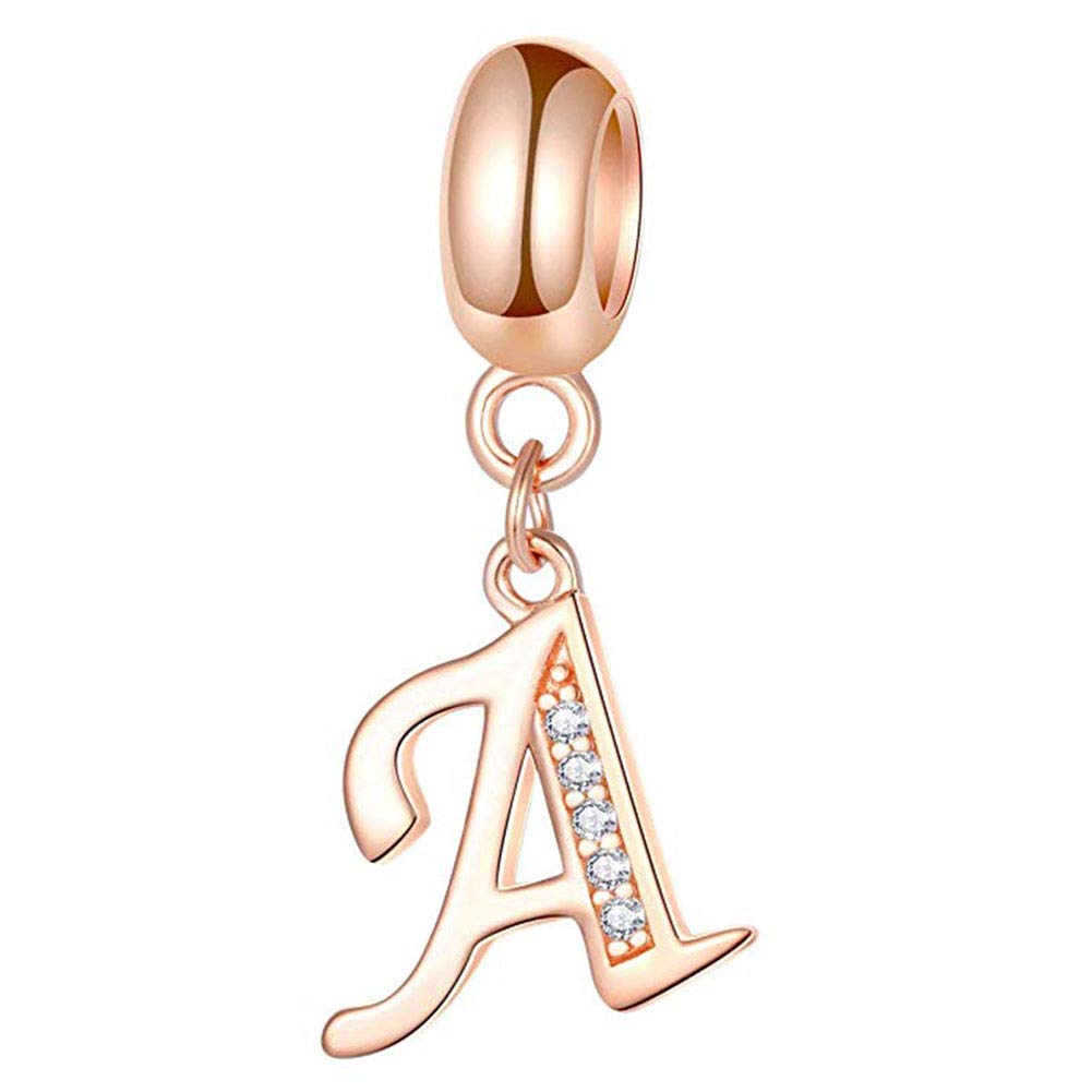 925 Sterling Silver Rose Gold Charm Alphabet Charm Love Charm Anniversary Charm Birthday Charm for Pandora Charm Bracelet (A)