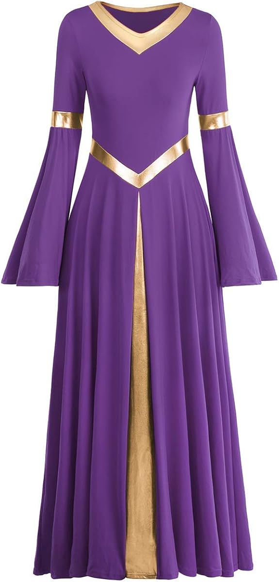 Women Metallic V Neck Praise Dance Dress Liturgical Worship Costume Bi Color Bell Long Sleeve Church Robe Praisewear: Clothing