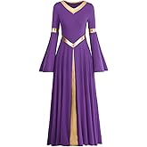 Women Metallic V Neck Praise Dance Dress Liturgical Worship Costume Bi Color Bell Long Sleeve Church Robe Praisewear